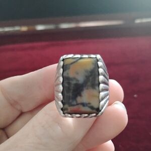 Art Deco Fluted Heavy Moss Agate Sterling Silver Man's Ring